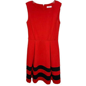 Calvin Klein Women's Dress Red Black Pleated Midi Career Sleeveless Size 4